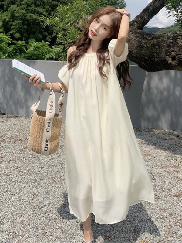 陌伯格大碼高級連衣裙夏季時尚款慵懶風鏤空露肩夏裙中長款夏裝