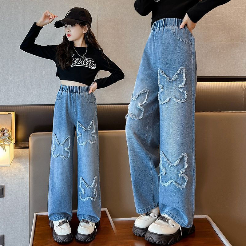 女童牛仔褲春秋女孩時髦洋氣闊腿褲大童直筒秋天百搭秋款兒童褲子