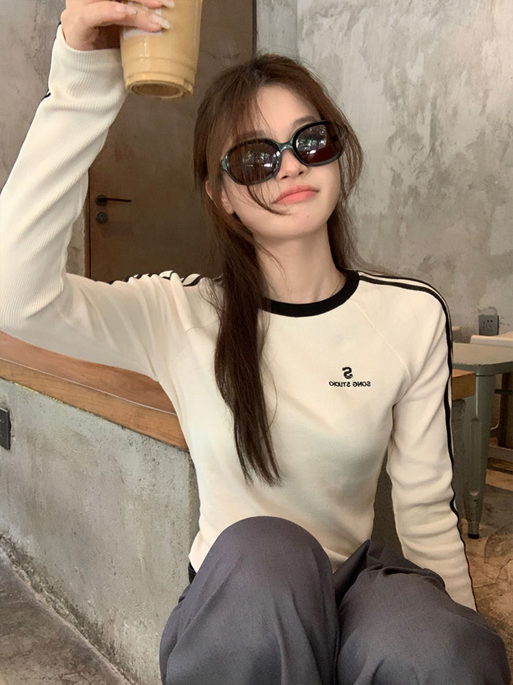 春秋款正肩女t恤長袖早秋百搭修身顯瘦內搭打底衫短款緊身上衣女