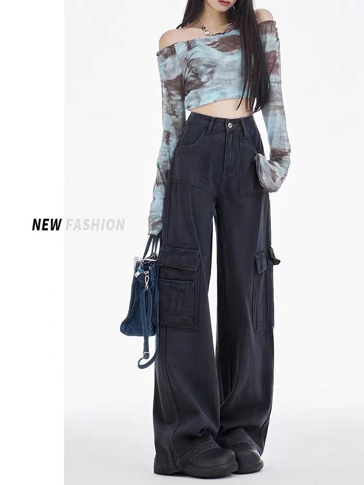 American retro cement gray workwear jeans for women in autumn new high-waisted loose slimming wide-leg floor-length trousers trendy