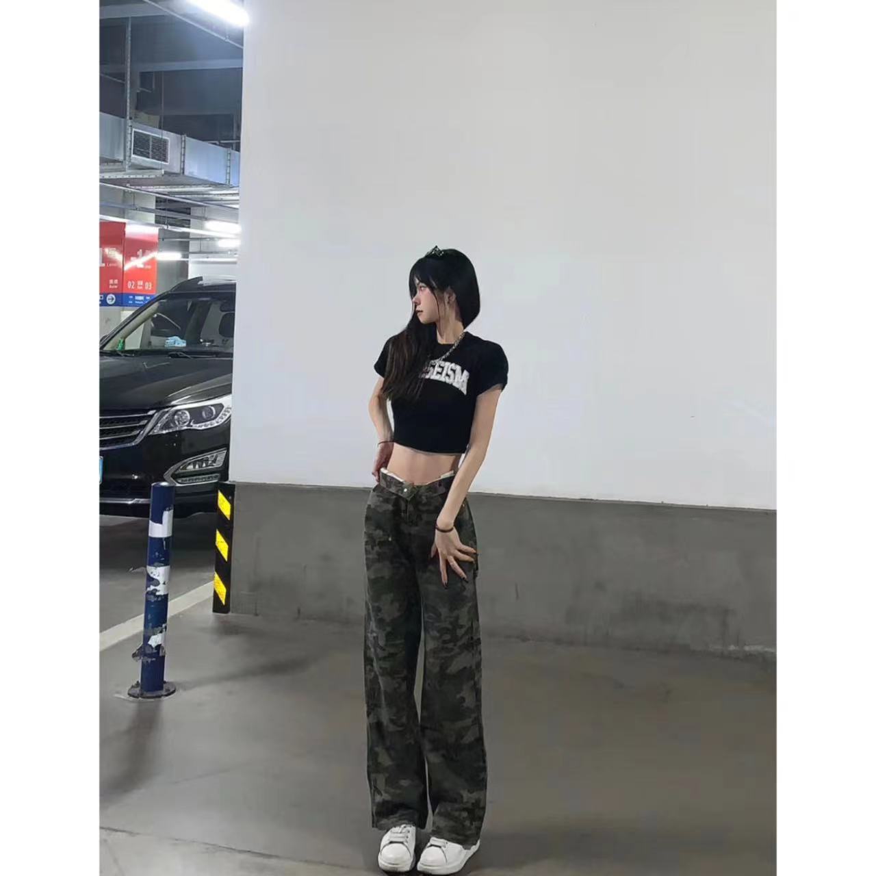 美式迷彩牛仔褲女直筒寬鬆闊腿拖地長褲辣妹翻邊字母顯瘦高街港風