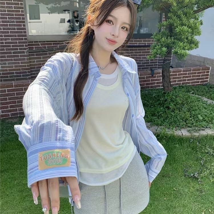 格瑞吉奧條紋襯衫女新款春秋寬鬆長袖防曬衣外搭港風ins百搭上衣