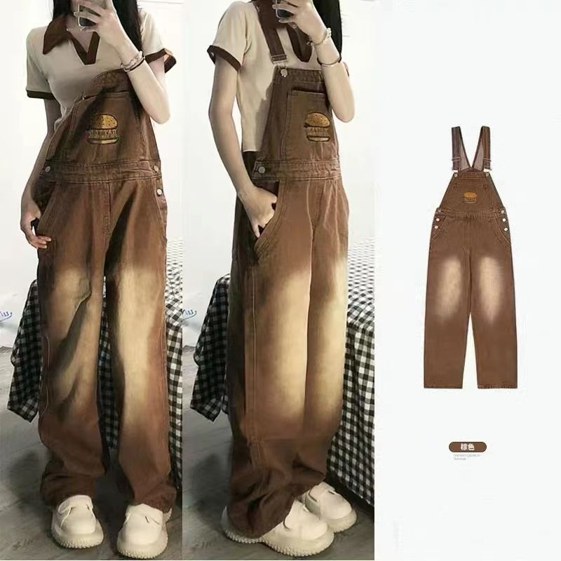 Age-reducing American-style hamburger embroidered denim overalls for women in spring, autumn and winter plus size fat girls loose and slimming one-piece pants