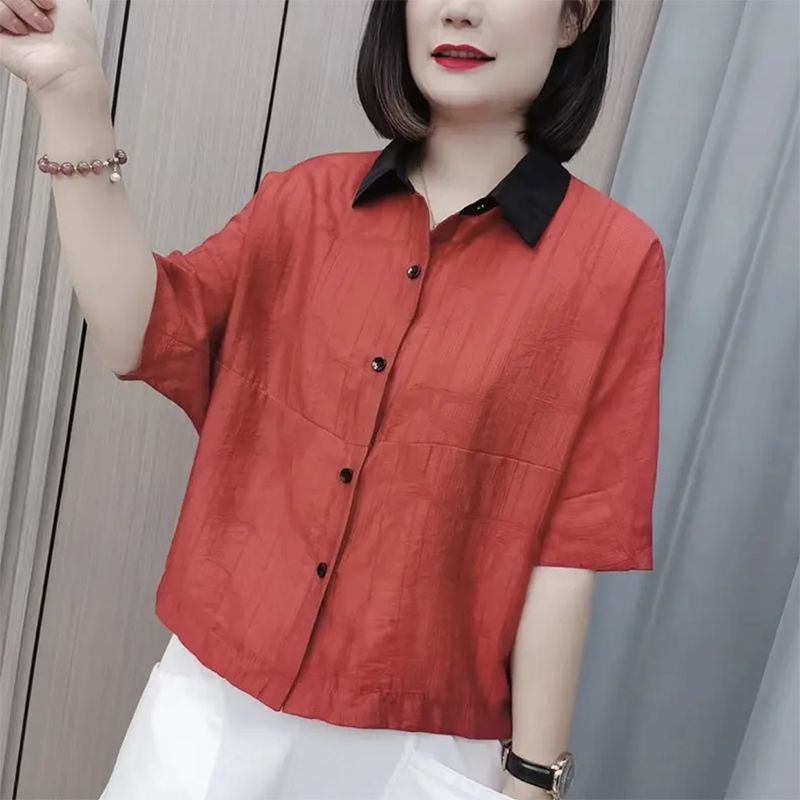 2023夏季新款中年媽媽洋氣夏裝短袖棉麻上衣寬鬆休閒時尚顯瘦襯衫