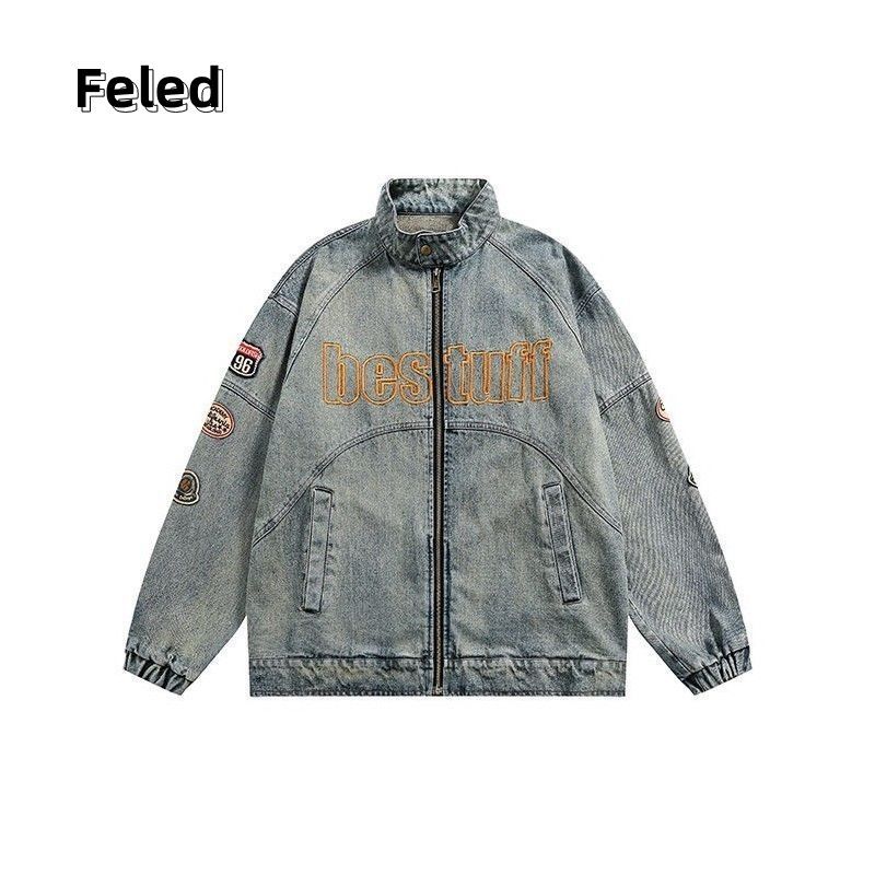 Feila Denton American retro motorcycle distressed all-match denim jacket for men and women early autumn new high street trendy jacket