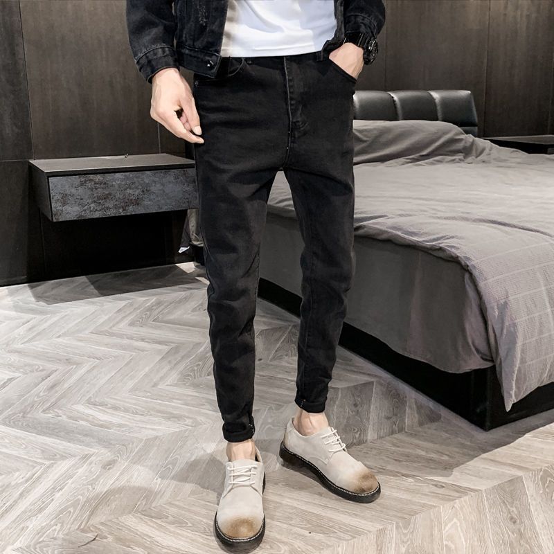 秋冬季黑色牛仔裤男士新款显瘦潮流百搭修身小脚高品质加绒长裤子