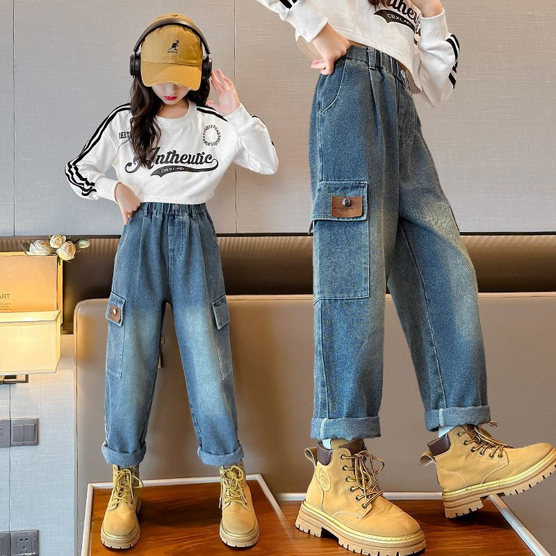 女童牛仔褲春秋洋氣時尚大童寬鬆老爹褲女孩秋季休閒長褲兒童褲子