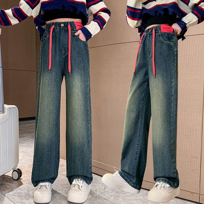 女童牛仔褲春秋款女孩寬鬆外穿秋季闊腿褲中大童直筒秋裝兒童褲子