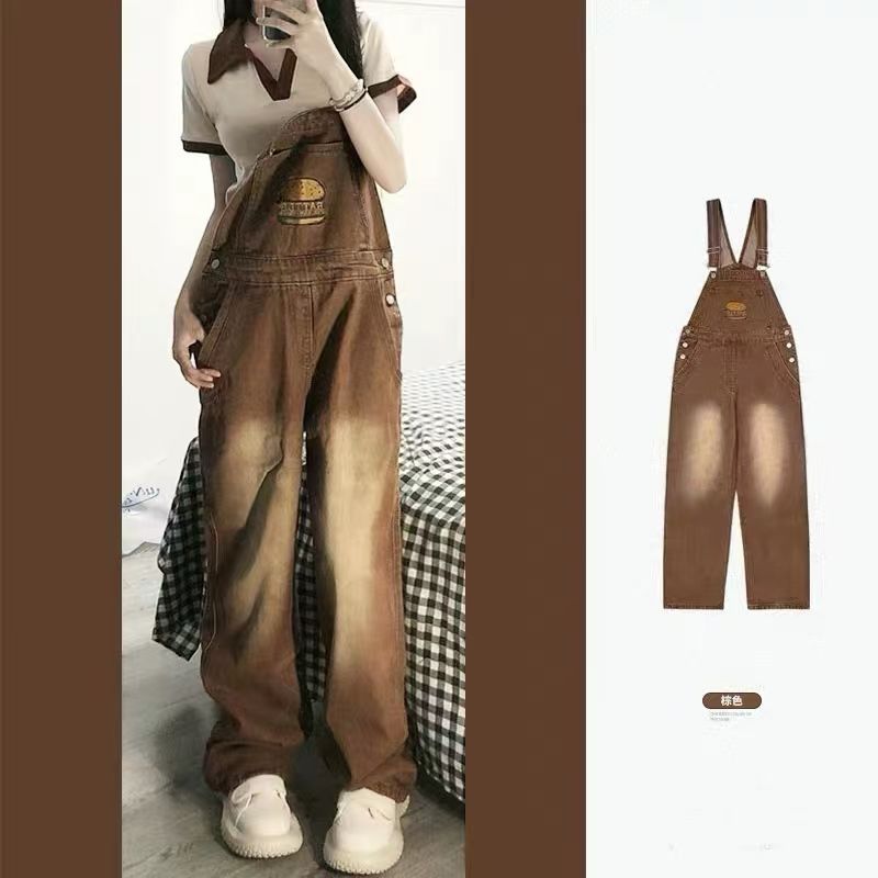 Age-reducing American-style hamburger embroidered denim overalls for women in spring, autumn and winter plus size fat girls loose and slimming one-piece pants