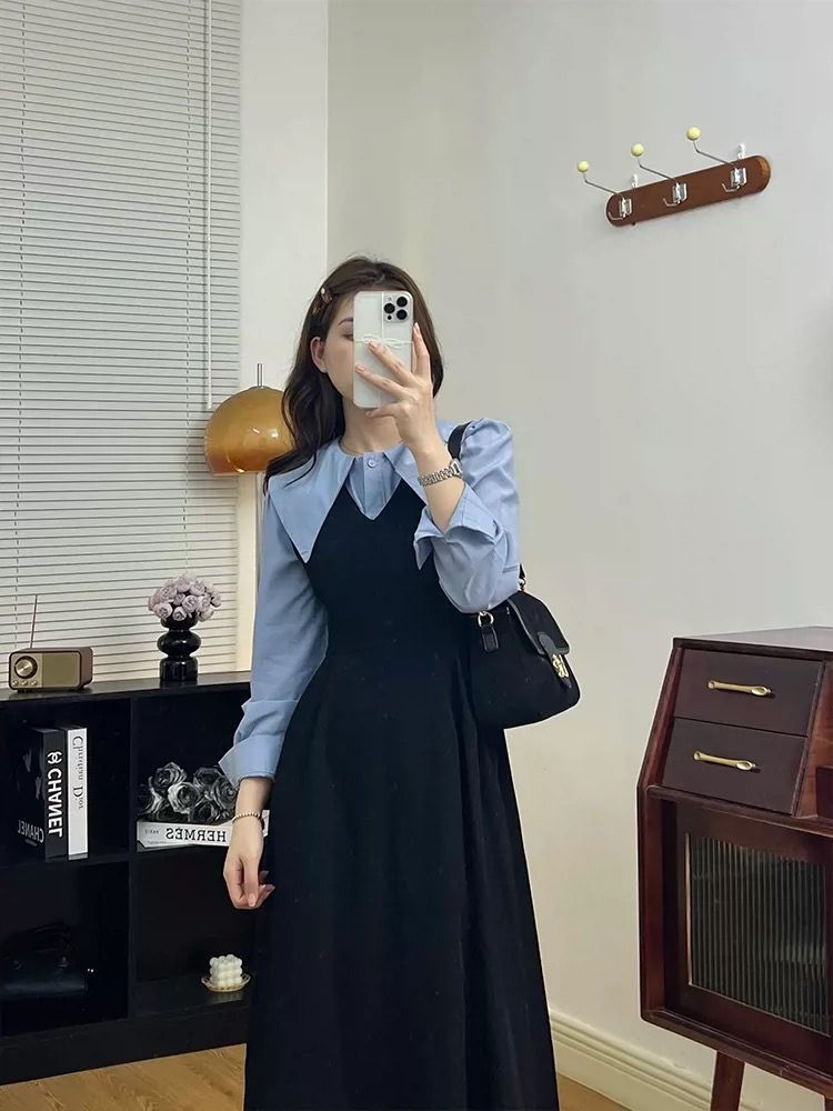 大碼女裝學院風假兩件連衣裙秋冬復古氣質收腰長裙子顯瘦遮肉微胖