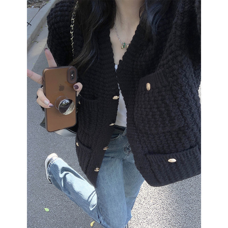 氣質黑色設計感毛衣外套秋冬2023新款小香風寬鬆V領針織上衣女裝