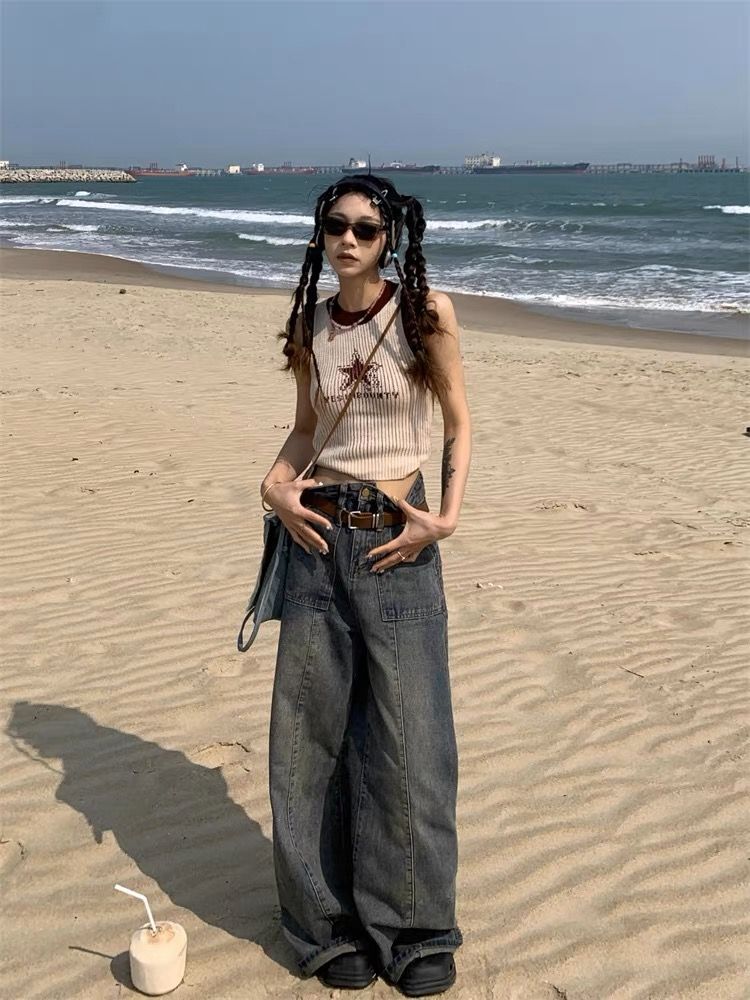 美式復古做舊高腰闊腿褲女秋季新款口袋壓線設計感垂感闊腿拖地褲