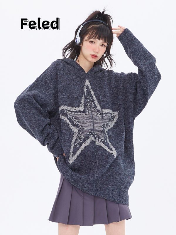 飛拉丹頓美式復古星星連帽毛衣男女秋冬新款百搭寬鬆顯瘦潮上衣