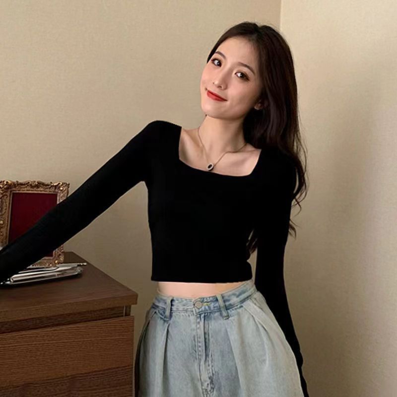 女士t恤長袖2023秋季新款修身顯瘦打底衫設計感短款上衣洋氣外穿
