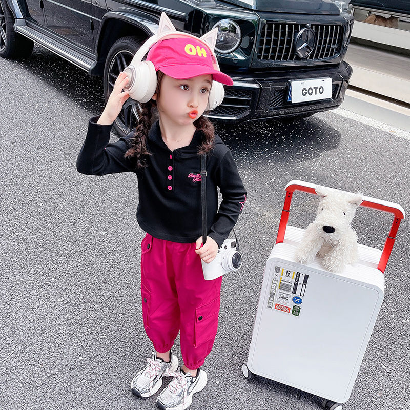 女童秋季套裝2023秋裝新款洋氣兒童休閒女寶寶工裝褲多巴胺兩件套