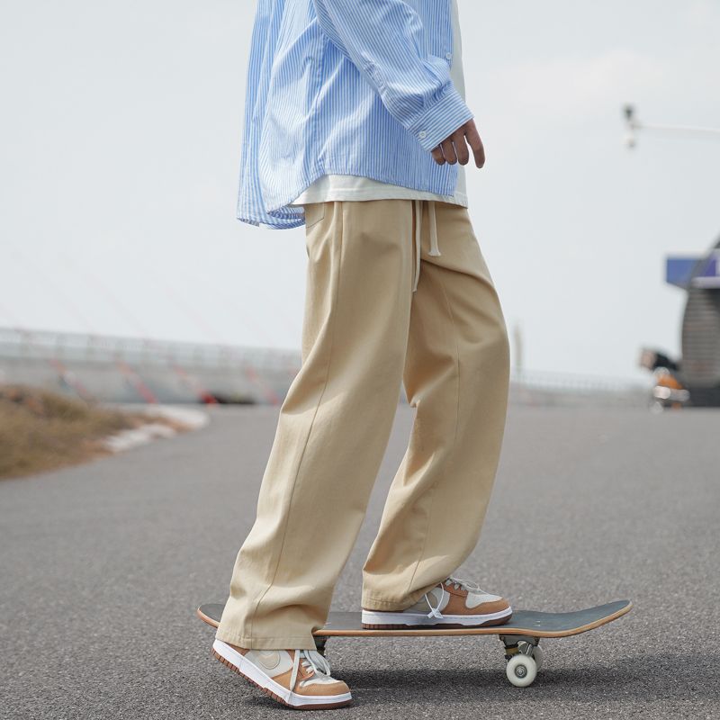 卡其色休閒褲子男士夏季薄款寬鬆直筒男款潮牌春秋季日系工裝長褲