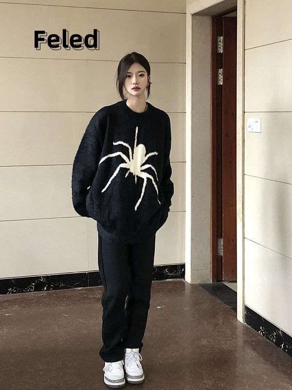 飛拉丹頓早秋新款百搭蜘蛛毛衣男女寬鬆休閒套頭圓領打底針織衫