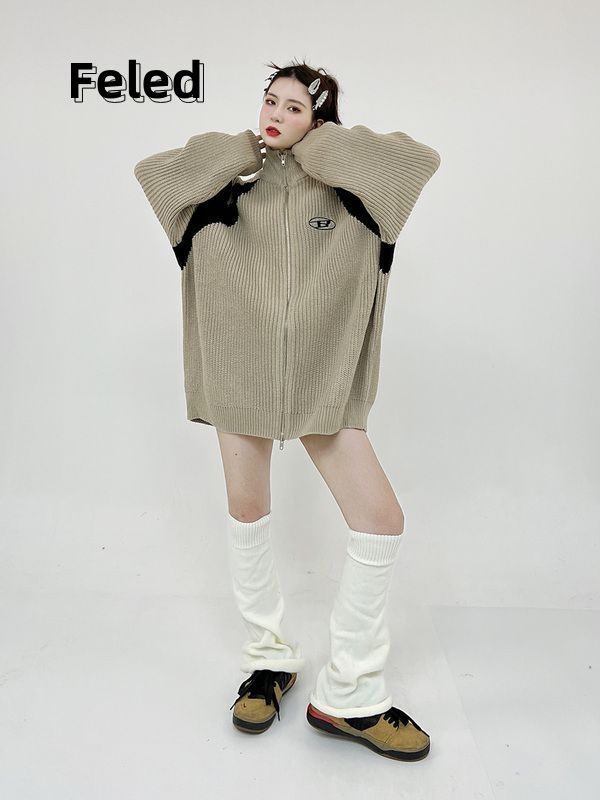 飛拉丹頓早秋新款美式高街oversize開衫毛衣男女慵懶風復古上衣