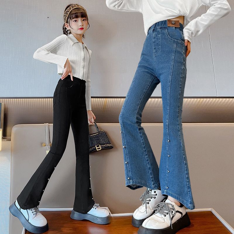 女童褲子春秋款小學生時髦洋氣秋季喇叭褲女孩大童秋天兒童牛仔褲