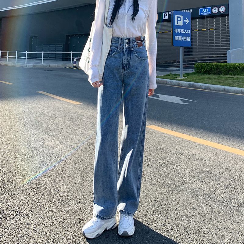 復古藍闊腿牛仔褲女秋冬寬鬆高腰梨形身材顯瘦直筒垂感百搭拖地褲