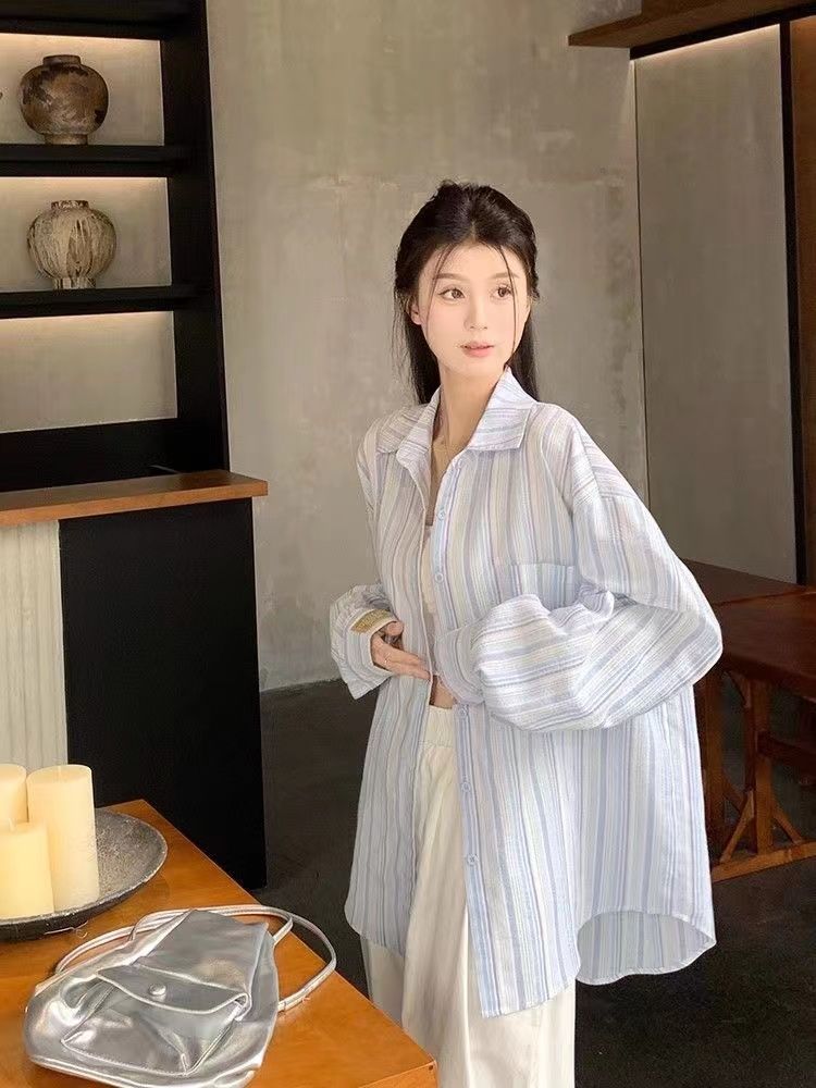 格瑞吉奧條紋襯衫女春秋新款長袖百搭慵懶風襯衣設計感上衣外套潮