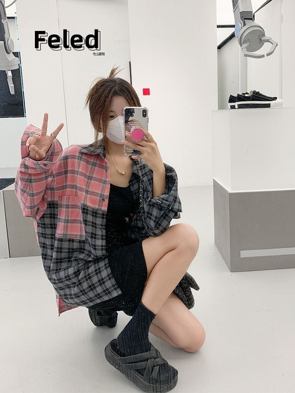 飛拉丹頓早秋新款美式復古百搭襯衫男女設計感撞色慵懶風潮上衣