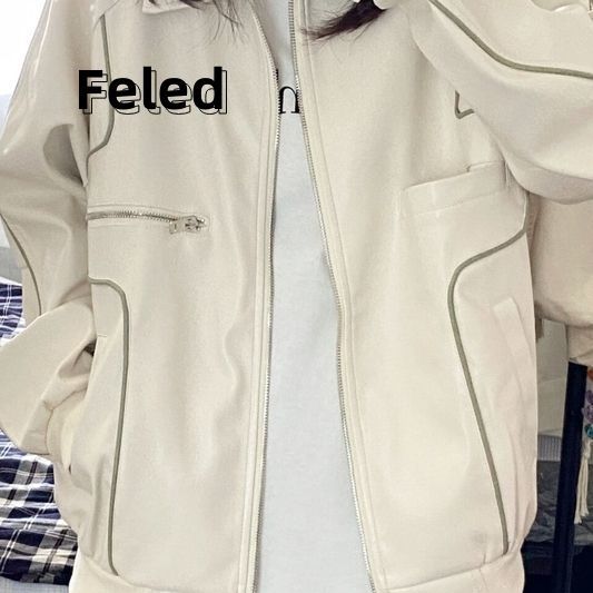 Feila Denton leather jacket for men and women early autumn new niche design zipper loose slimming versatile top