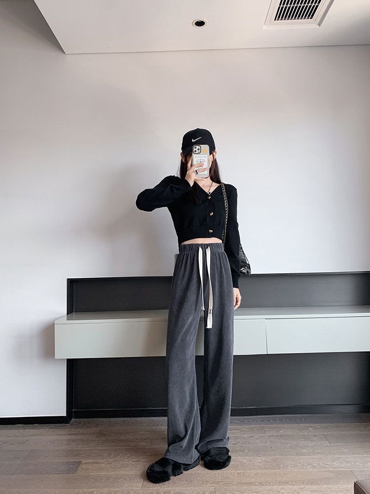 Pink wide-leg pants for women 2023 new casual high-waist drape autumn and winter velvet thickened knitted straight pants