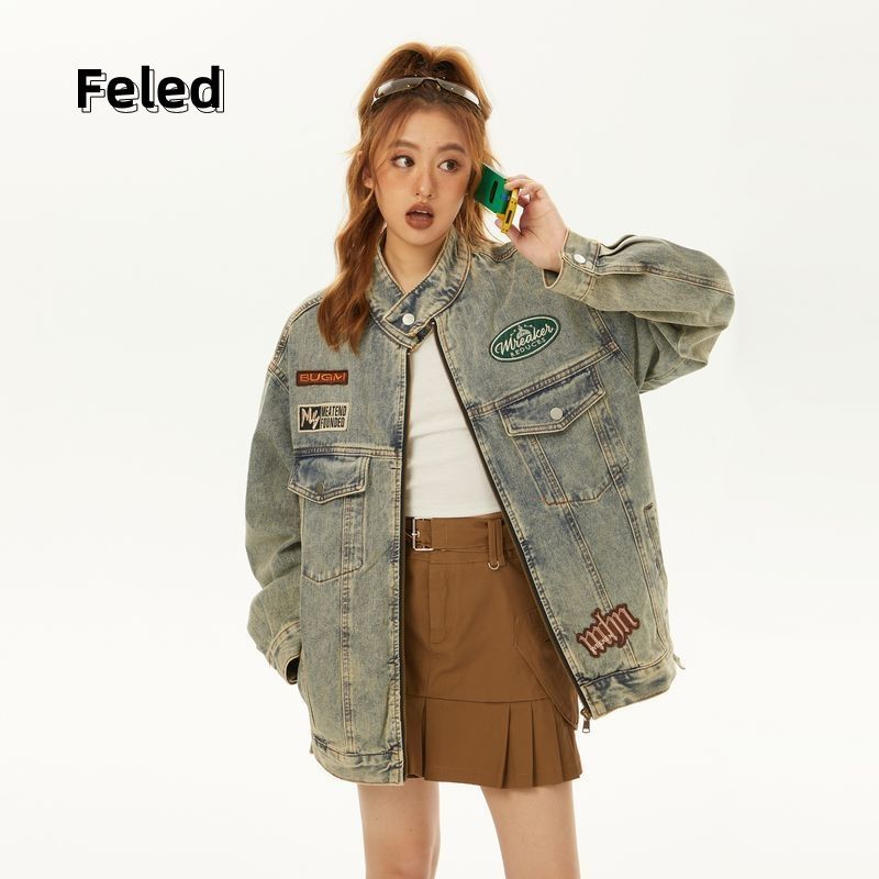 Feila Denton American retro motorcycle style jacket denim jacket for men and women in spring and autumn hot girls loose and versatile tops