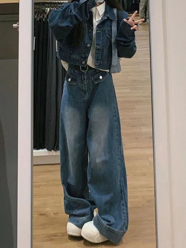 美式復古高腰闊腿牛仔褲女秋季新款高街設計感寬鬆顯瘦直筒拖地褲