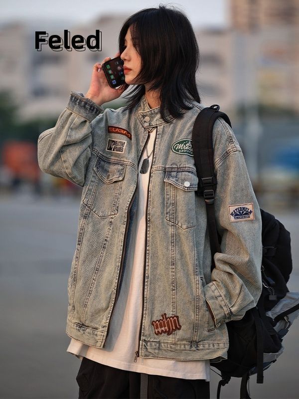 Feila Denton trendy denim jacket for men and women washed American early autumn jacket retro versatile casual trendy top