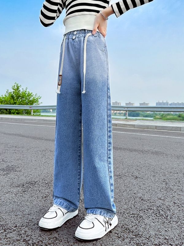 女童牛仔闊腿褲春秋裝兒童寬鬆洋氣窄版直筒長褲子韓版女孩漸變潮