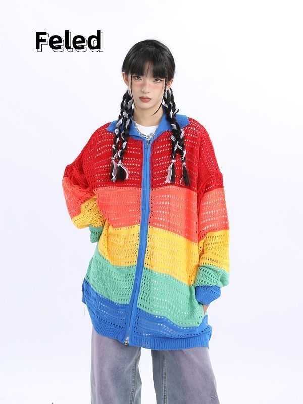 飛拉丹頓彩虹針織開衫外套男女高級感鏤空薄款防曬服罩衫薄上衣