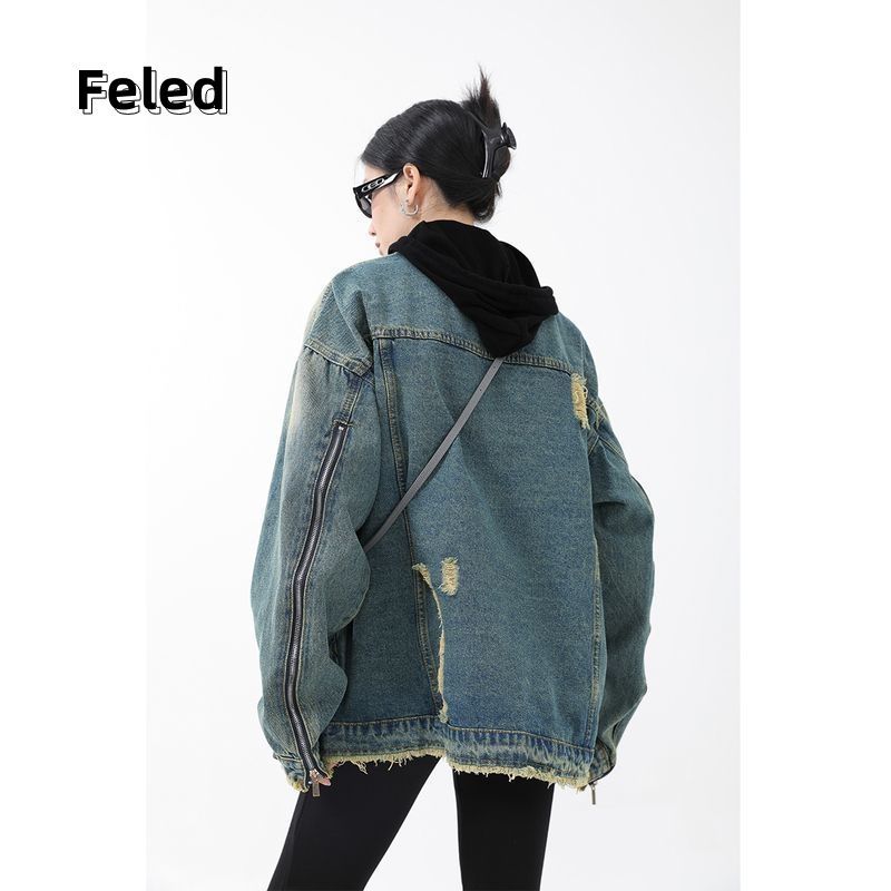 Feila Denton washed distressed ripped denim jacket for men and women American design niche gradient jacket trendy top