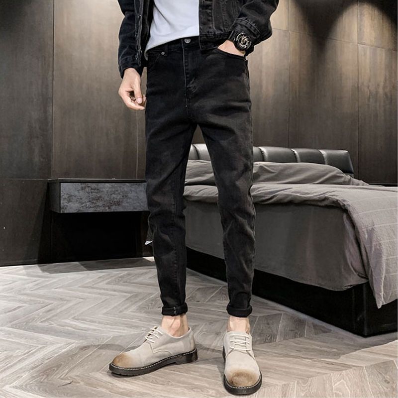 秋冬季黑色牛仔裤男士新款显瘦潮流百搭修身小脚高品质加绒长裤子