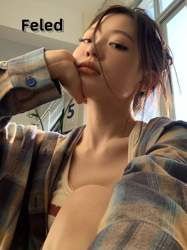 飛拉丹頓美式復古藍色格子襯衫男女春秋款外套設計感小眾潮上衣