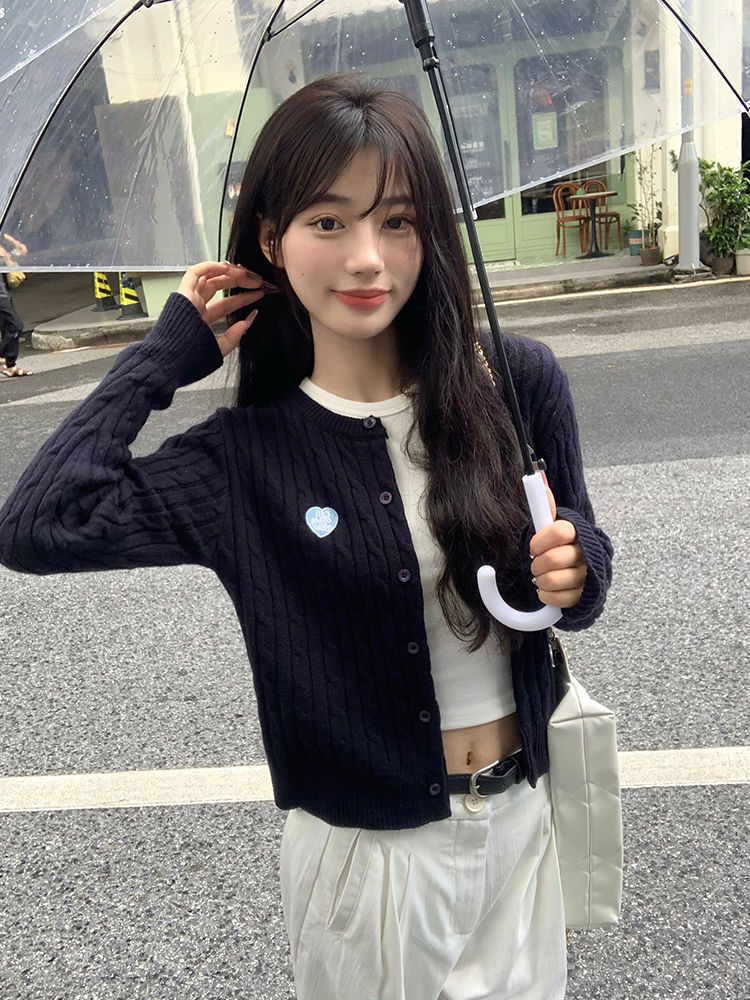 麻花長袖針織開衫女2023秋冬季新款港風chic修身顯瘦氣質感短上衣