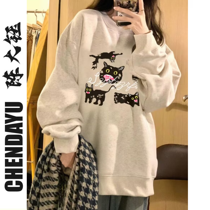 【純棉】復古白灰色卡通ins潮牌圓領衛衣女春秋薄款港風chic寬鬆