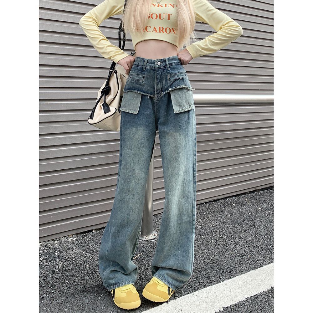 復古高街水洗闊腿牛仔褲女秋季新款百搭顯瘦高腰寬鬆直筒拖地長褲
