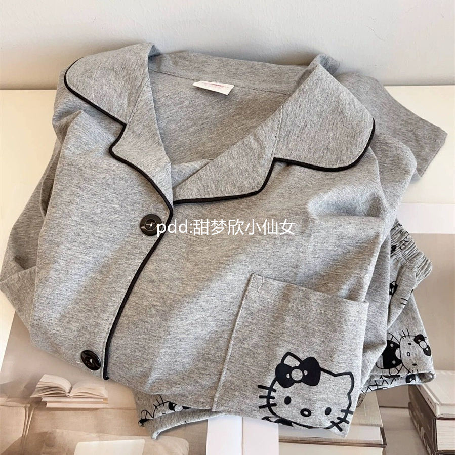 韓版ins風凱蒂貓睡衣女春秋冬季新款長袖長褲簡約休閒家居服套裝