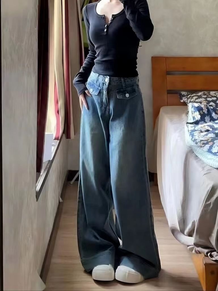 美式vibe復古高腰闊腿牛仔褲女秋季高街設計感寬鬆顯瘦直筒拖地褲