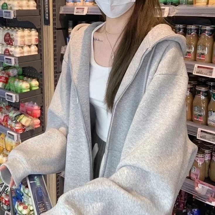 純棉拉鏈加絨衛衣女春秋oversize連帽薄款外套韓版寬鬆慵懶開衫潮