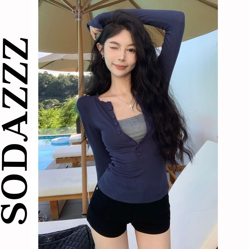 復古藍色長袖T恤女秋裝修身彈力防曬罩衫外套圓領正肩內搭打底衫