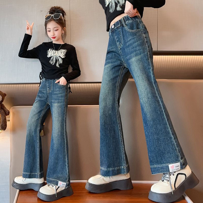 女童牛仔褲春秋款洋氣中大童時尚寬鬆百搭休閒喇叭褲兒童秋裝褲子