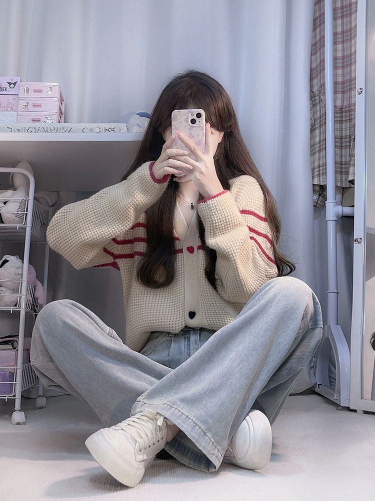 秋季韓系條紋針織開衫女米白色V領小個子拼色休閒高級感時髦上衣