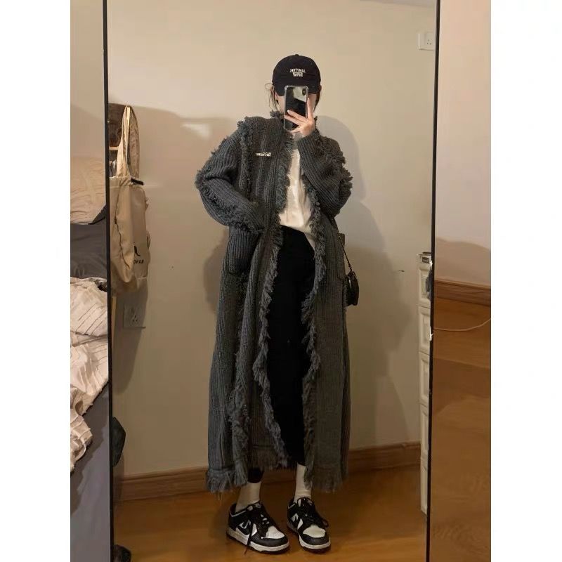 高級感流蘇灰色毛衣外套女秋冬2023新款慵懶風寬鬆中長款針織上衣