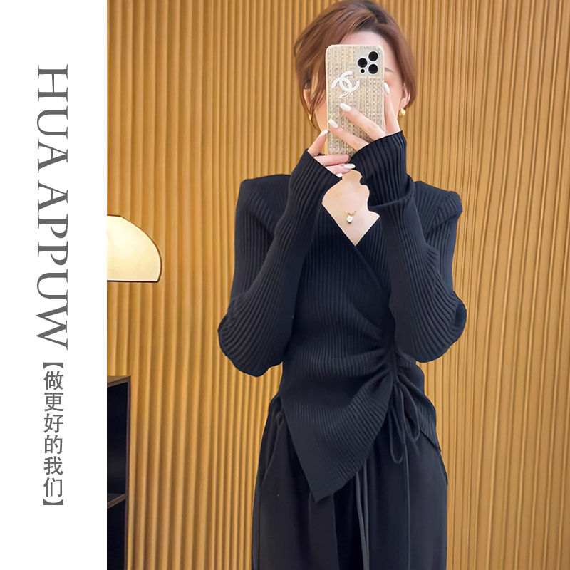 畫朴法式V領側系帶套裝女裝2023秋季新款長袖短款針織衫闊腿褲潮