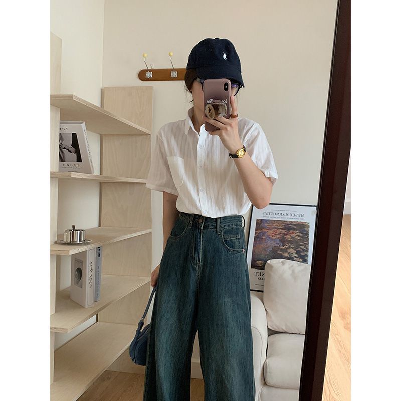 韓版純棉上衣白色短袖POLO領夏季襯衣設計感chic寬鬆紋理感襯衫女