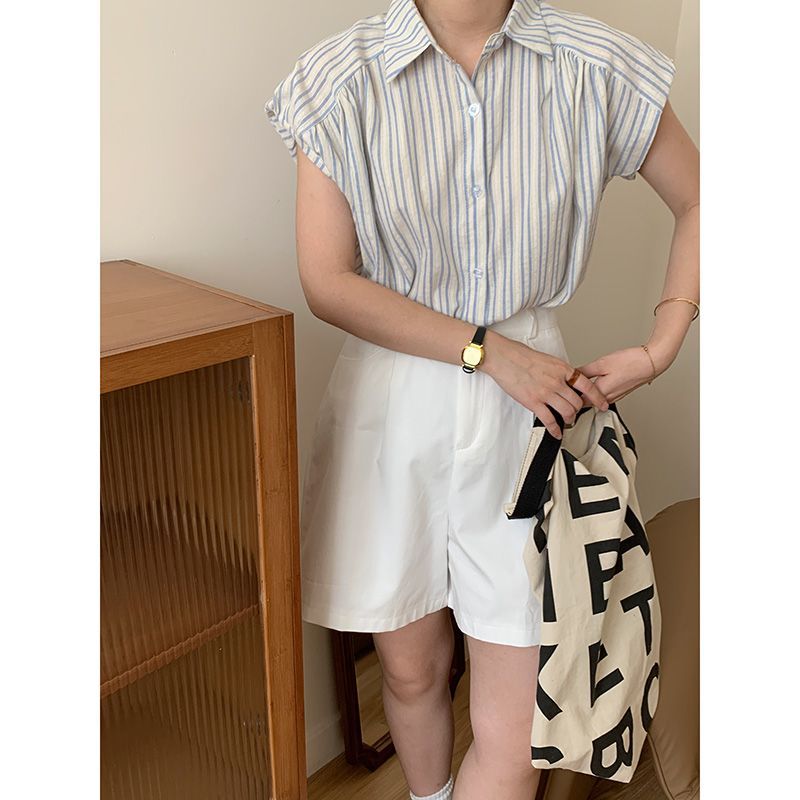 翻领休闲短袖条纹衬衫女夏季新款纯棉百搭日系小众宽松设计感上衣