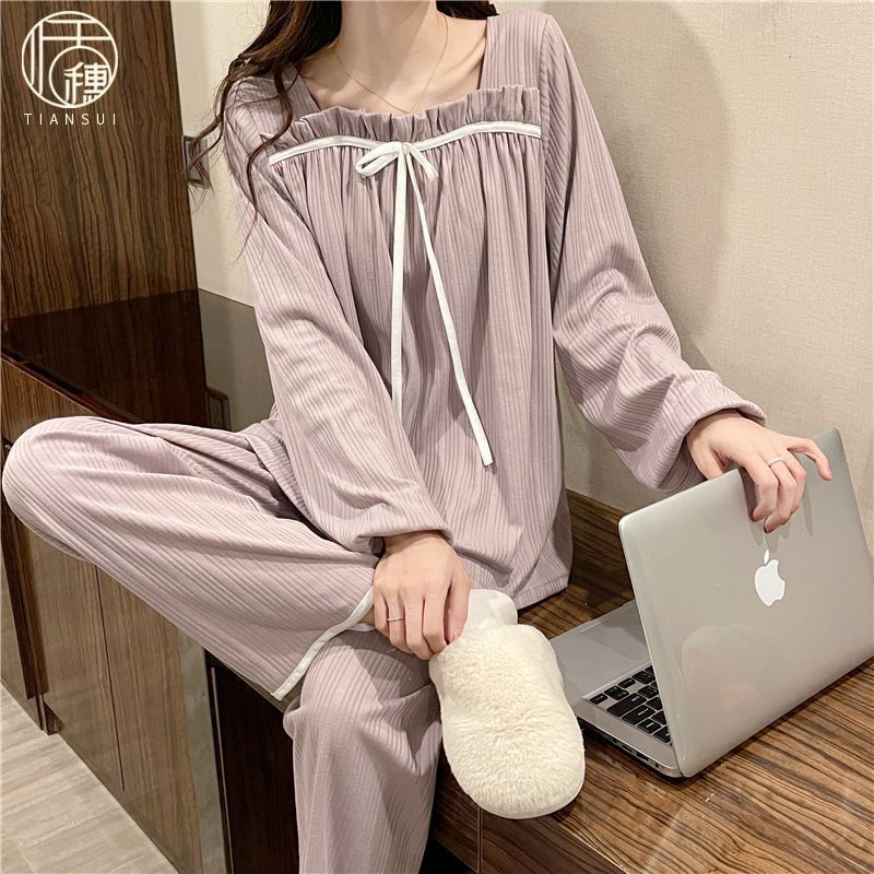 睡衣女款純棉長袖休閒簡約全棉網紅風春秋冬季家居服套裝可外穿